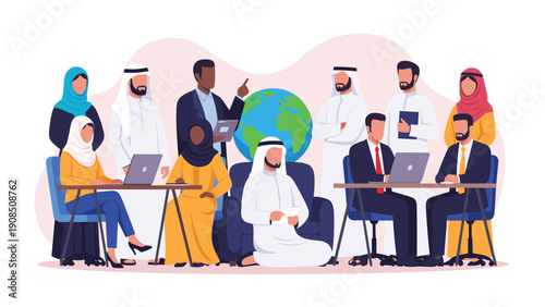 Diverse group of Arab business professionals collaborating in a meeting, with men and women in traditional and modern attire, working together in a global context with a globe icon.