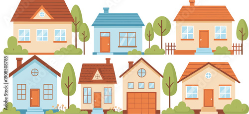 Cute Suburban House Illustrations Set with Colorful Family Homes, Trees, Fences, Doors, Windows, and Neighborhood Residential Cartoon Vector Collection