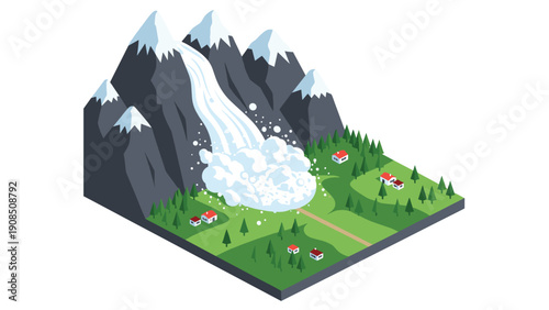 Dramatic isometric illustration of an avalanche cascading down snowy mountains towards a small village nestled in a green valley, depicting a natural disaster and risk.