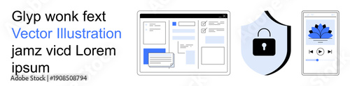 Digital security, online privacy, user interface, mobile apps, communication, multimedia design. a UI layout, shield with a lock and a mobile music app. Digital security and online privacy concept