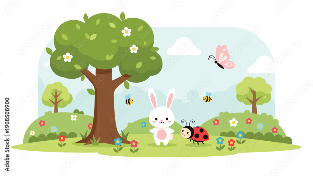 Fototapeta premium Charming illustration of a cute white bunny and a friendly ladybug playing in a vibrant spring garden, surrounded by a tree, flowers, butterflies, and bees, depicting nature.