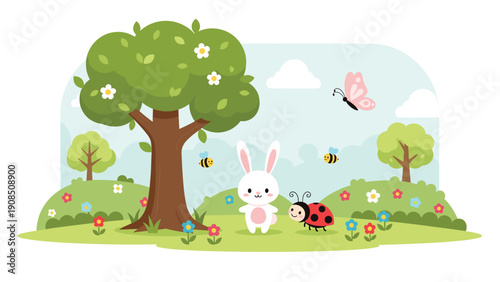 Charming illustration of a cute white bunny and a friendly ladybug playing in a vibrant spring garden, surrounded by a tree, flowers, butterflies, and bees, depicting nature.