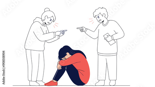Emotional illustration depicting two adults, likely parents, angrily scolding a sad and huddled child, symbolizing family conflict, verbal abuse, or difficult parenting situations.