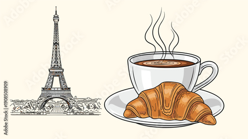 Classic Parisian breakfast scene featuring the iconic Eiffel Tower in a sketch style, accompanied by a steaming cup of coffee and a freshly baked croissant, representing French culture.