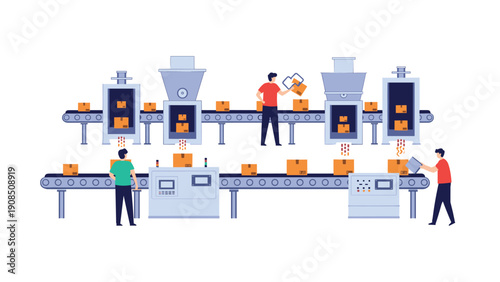 Factory workers are actively engaged on a production line, handling, packaging, and sorting boxes in an efficient industrial setting.