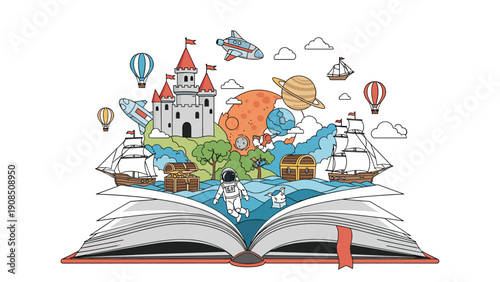 Enchanting open book with a vibrant pop-up world, featuring castles, spaceships, astronauts, and pirate ships for imaginative storytelling.