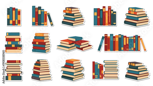 Collection of various colorful stacked books and neatly arranged book rows, ideal for reading, learning, and education.