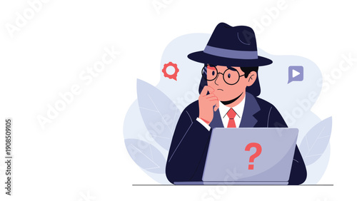 Thoughtful detective or hacker figure wearing a fedora and glasses, contemplating solutions while working on a laptop with a question mark.