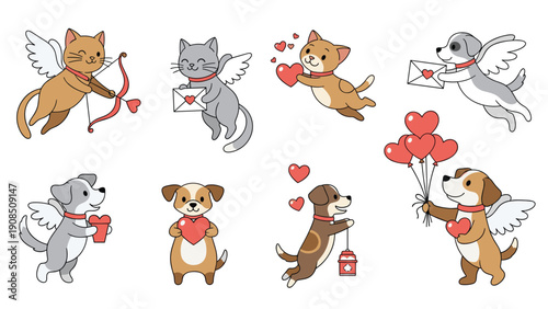Adorable collection of cupid-themed cats and dogs with wings, holding hearts and love letters, symbolizing Valentine's Day.