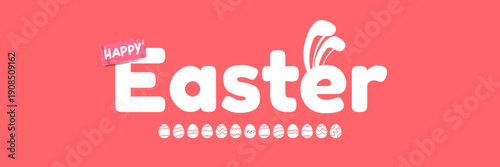 White Happy Easter script lettering with rabbit ears integrated into the font on a solid pink backdrop. Simple and stylish horizontal holiday banner for spring celebrations and social media headers.