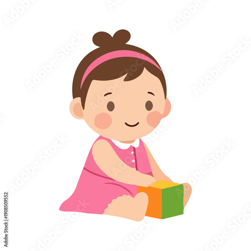 Cute Smiling Baby Girl Playing with Toy Block Vector Illustration