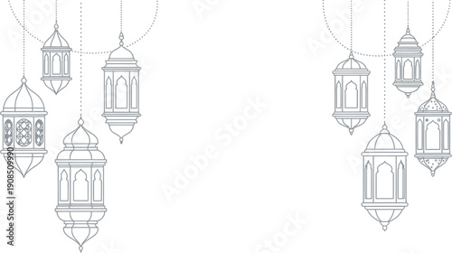 Ornate grey line art lanterns hang symmetrically on either side, creating elegant border elements perfect for festive greetings or celebrations.