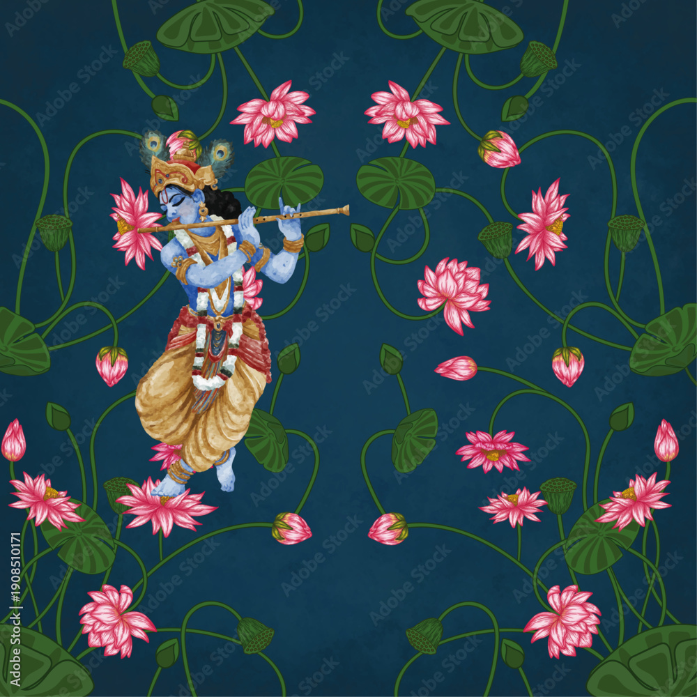 custom made wallpaper toronto digitalDancing Krishna Pichwai Painting art Blue background with Lotus Painting