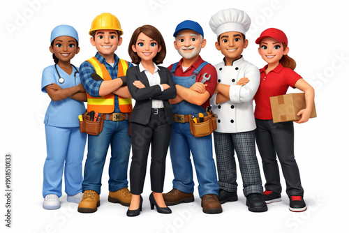 Diverse Workers Standing Confidently Together in Soft 3D Character Render
