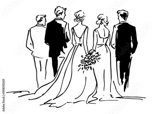 Wedding couple with bridesmaids and groomsmen walking elegant black and white sketch vector illustration