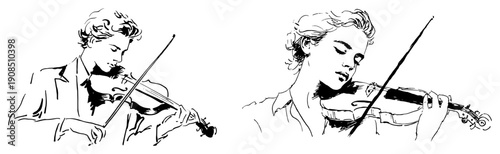 Male and female violinists playing romantic wedding music sketch vector illustration