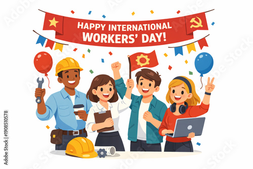 International Workers’ Day Young Professionals Celebrating Together in Modern Flat Vector Illustration