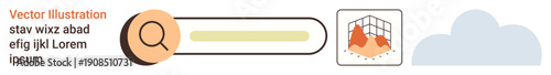 Data analytics, cloud computing, online research, web interface, technology concepts, digital tools. A search bar, analytics chart and cloud icon. Data analytics and cloud computing