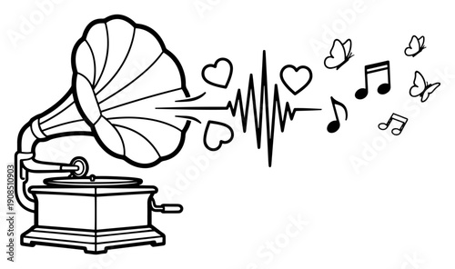 Vintage gramophone playing love melody with heartbeat sound wave vector illustration