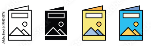 Travel brochure guide and tourism catalog icon vector. Vacation trip information and landscape magazine publication symbol set. Vector illustration