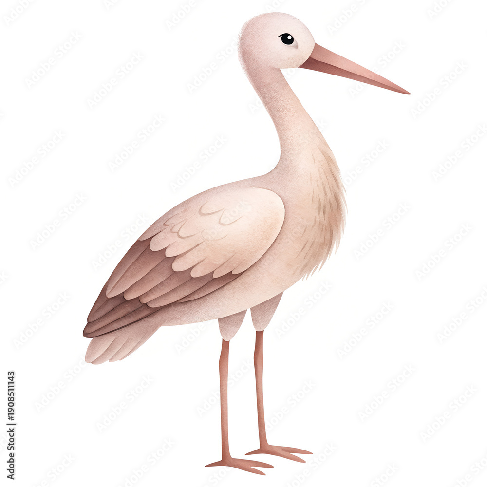 Fototapeta premium Stork standing calmly with light plumage and pink beak on white background 
