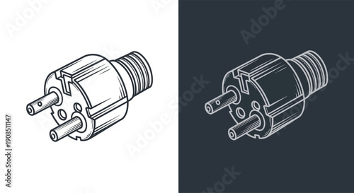 Electrical Plug Connector Illustration on White and Dark Backgrounds.