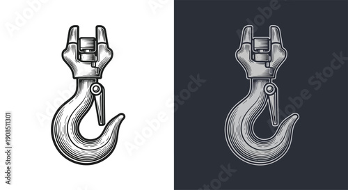 Steel hook illustration on contrasting white and dark backgrounds.