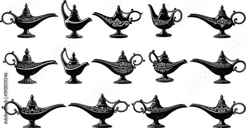 Vector silhouette set of antique magic genie oil lamps with ornate engravings isolated on white background for fairytale fantasy and Arabian nights design