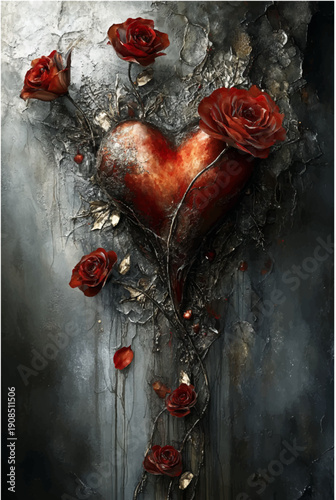 Surreal Dark Gothic Fantasy Art of a Metallic Red Heart Entwined with Blooming Red Roses