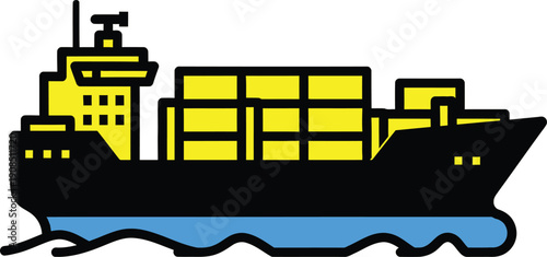 A container ship sailing on calm waters with stacked cargo containers.