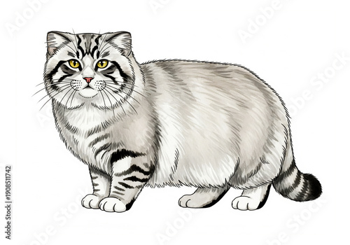 Wild Pallas cat manul animal watercolor illustration isolated on white background for nature wildlife themes