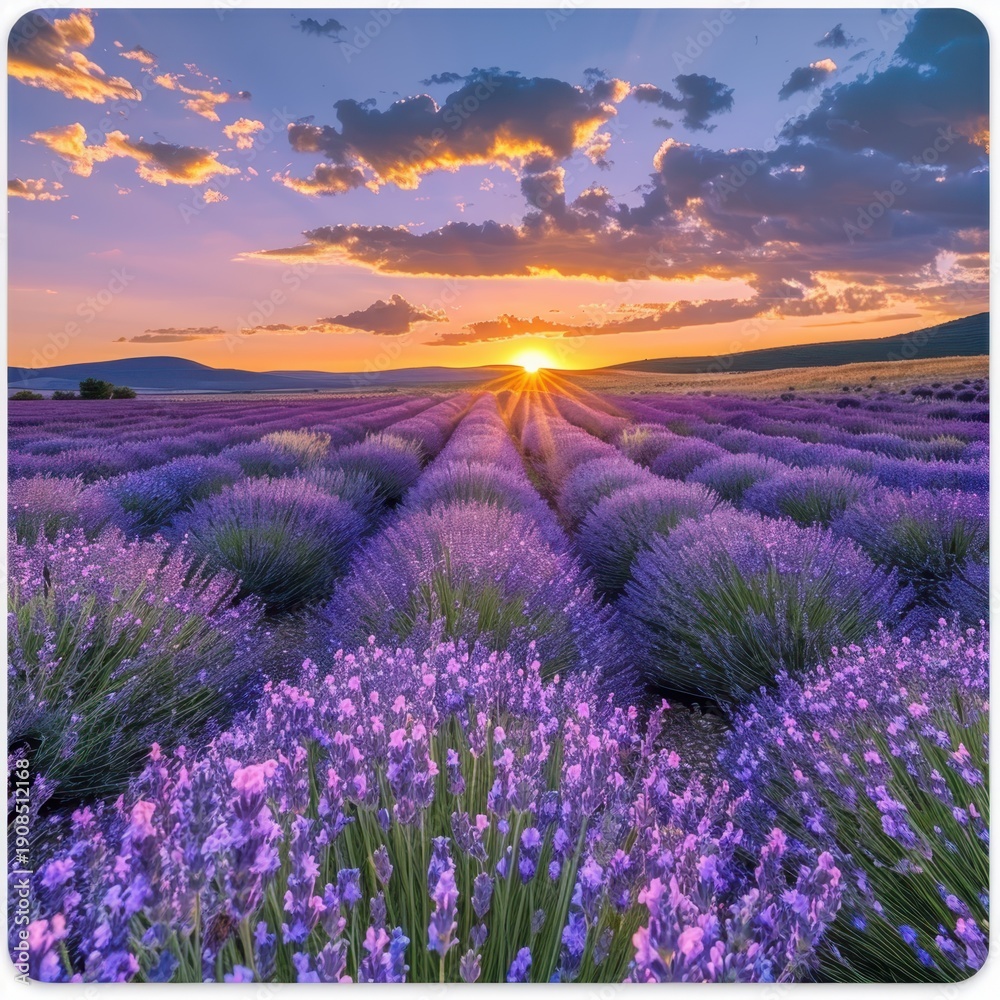 Fototapeta premium Lavender Field At Sunset With Golden Light