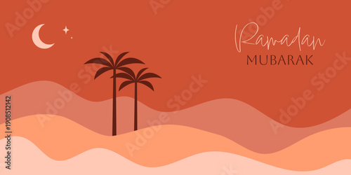 Ramadan Mubarak greeting banner with palm trees, crescent moon and desert hills. Elegant warm illustration for Islamic celebrations, cards, posters and social media.