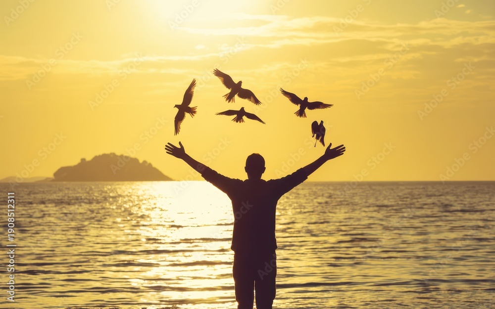 Fototapeta premium Man standing in water with arms outstretched as seagulls fly around him at sunset