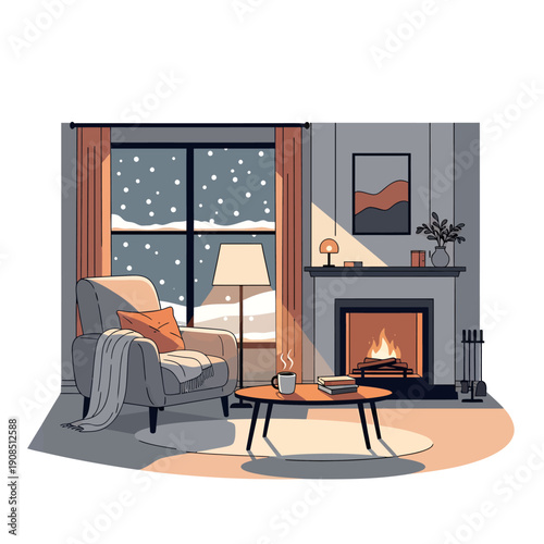 Cozy living room with fireplace on snowy winter evening