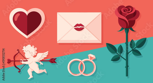Valentine's Day symbols with heart, rose, and cupid