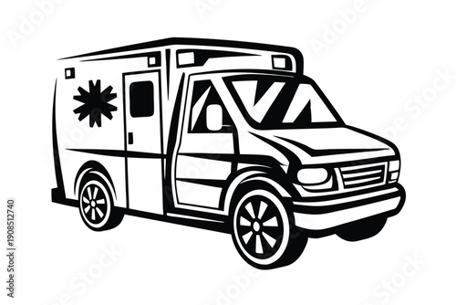 Black and White Ambulance Silhouette with Siren and Cross Design on Vehicle Body