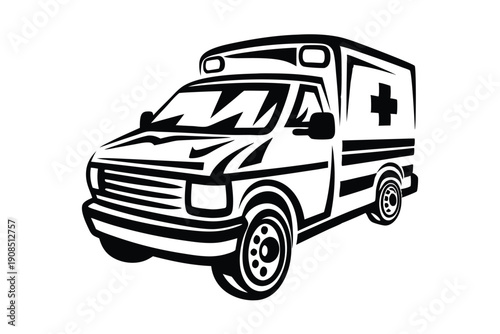 Monochrome Ambulance Emergency Vehicle with Siren and Medical Symbol Icon