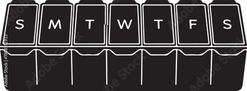 Black and white of a seven day pill organizer medicine box daily planner medication reminder health