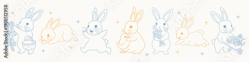 Easter hand drawn vintage bunny illustration set with flowers, baskets and chicks. Whimsical spring bunny doodles for greeting cards, invitations, and holiday designs