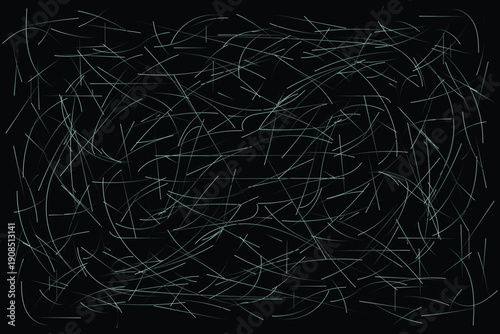 Chaotic abstract background of thin, scattered white curved lines and streaks on a black canvas, suggesting movement and energy.