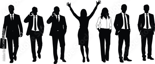 Business people silhouette set with men and women in formal suits, professional poses isolated on white background, corporate teamwork, leadership, and office lifestyle concept