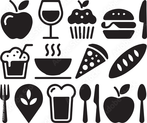 Food and drink icons set, black silhouette vector collection of apple pizza burger bread soup cupcake wine beer utensils design