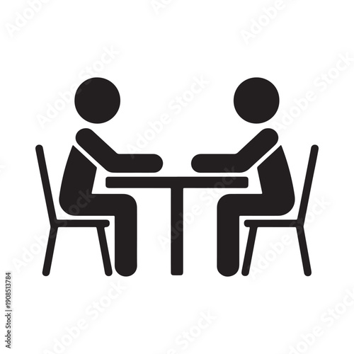 Two people sitting at a table in a simple icon
