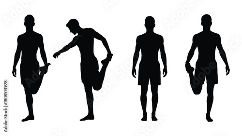 Four silhouettes of men stretching various leg muscles in a row