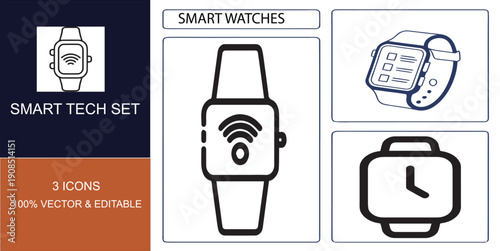 Smartwatch Icons Set with Modern Designs and Editable Vector Graphics