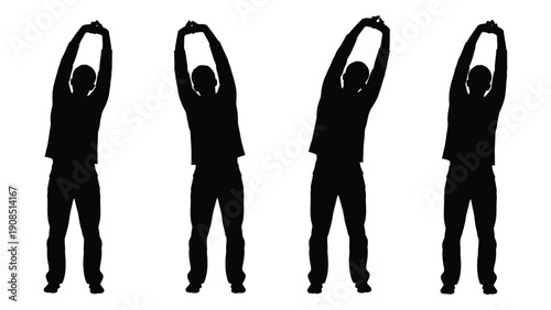 Four silhouettes demonstrate a stretching exercise with arms raised overhead