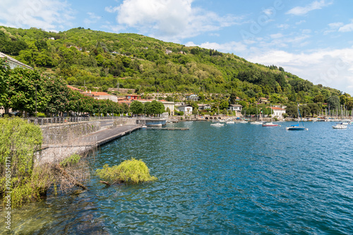 Lesa lakeside with scenic views of Lake Maggiore, Piedmont, Italy