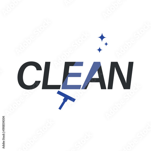 Creative CLEAN Wordmark Logo Design; Professional Cleaning Service Icon with Integrated Squeegee and Sparkle Elements in Navy and Charcoal for Sanitation and Window Washing