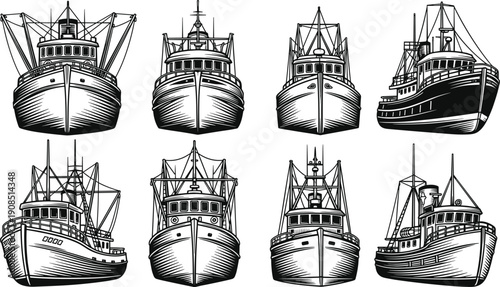 Vintage Monochrome Fishing Trawler Vessel Collection featuring Industrial Boat Front Views with Detailed Ropes and Masts Isolated on White Background for Maritime Marine Design